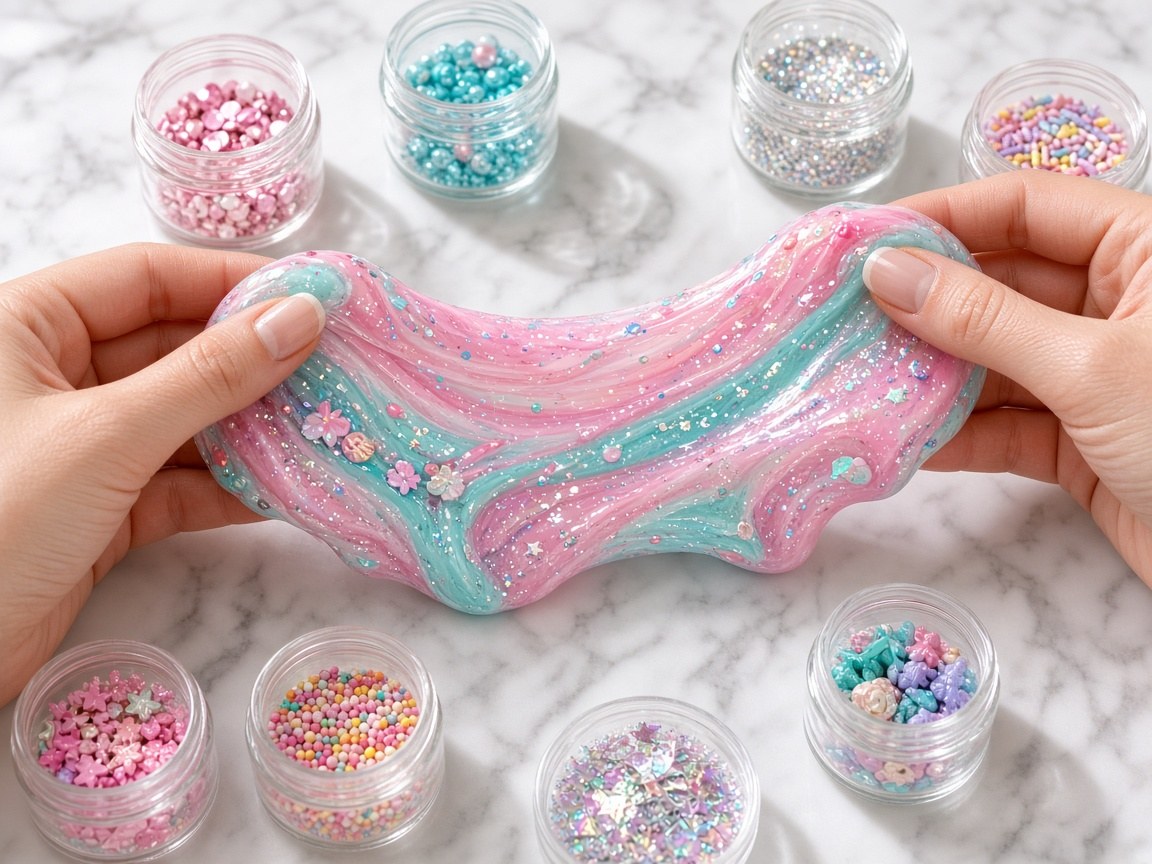 Custom slime stretched between hands with jars of add-ins